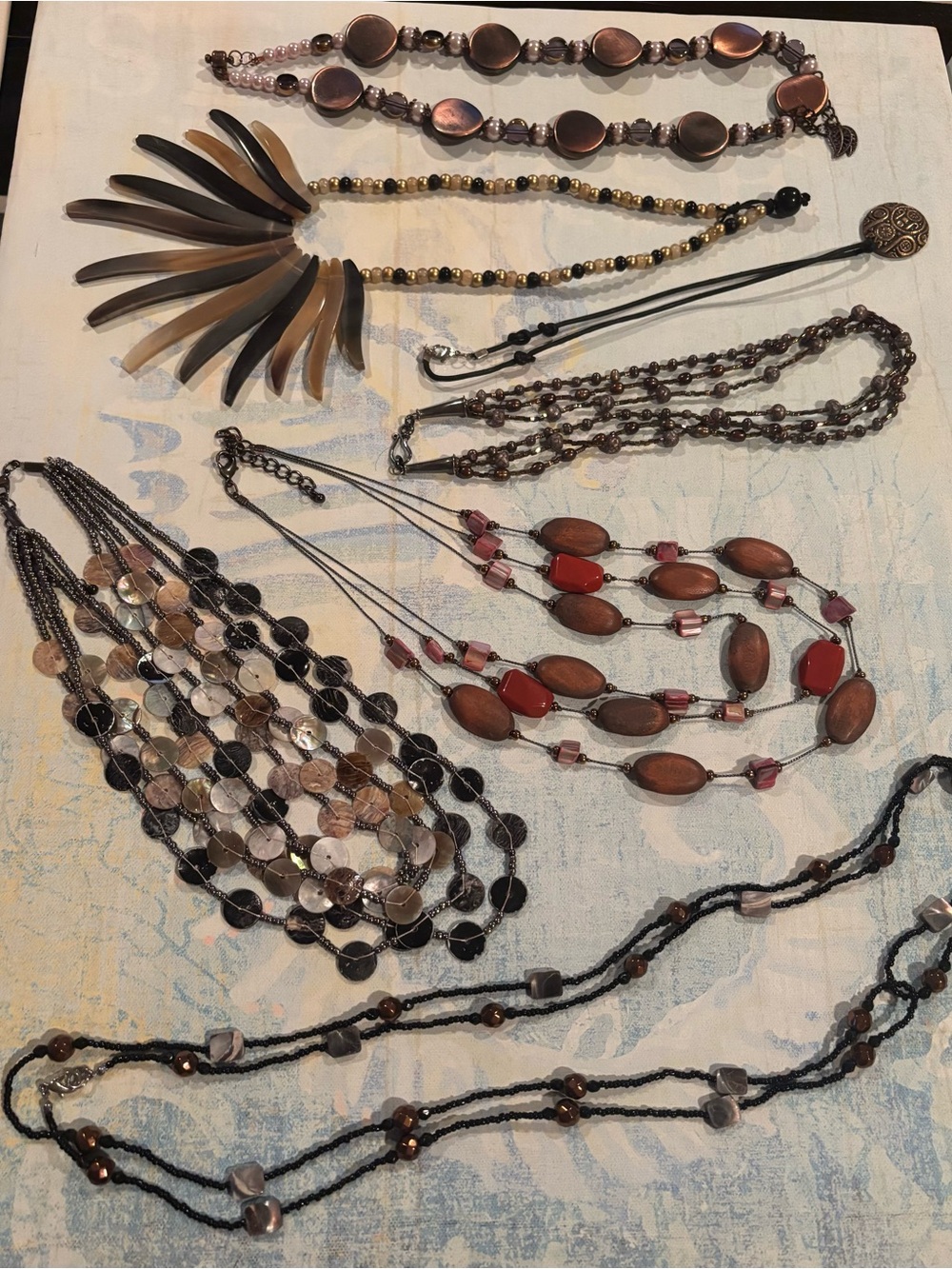 Lot of 7 unique necklaces, beaded, shells, pearl beads,bronze look $23.00. - Picture 1 of 16